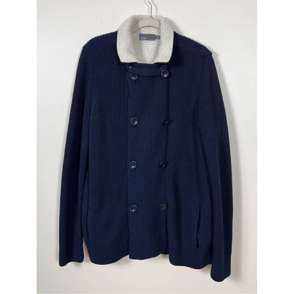 Vince Mens Wool Navy Blue Shearling Lined Cardigan Sweater Jacket Large Preppy